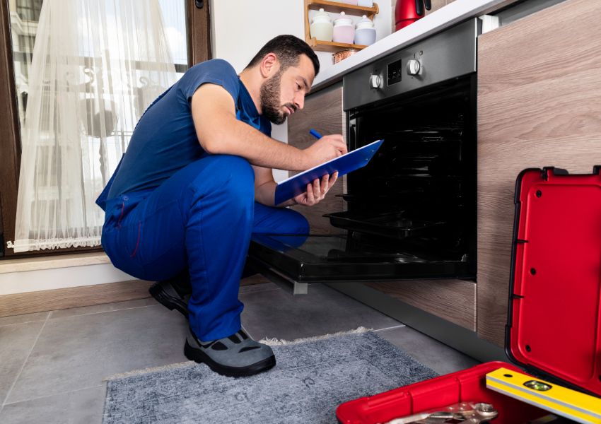 contractor installing and inspecting an oven in a kitchen